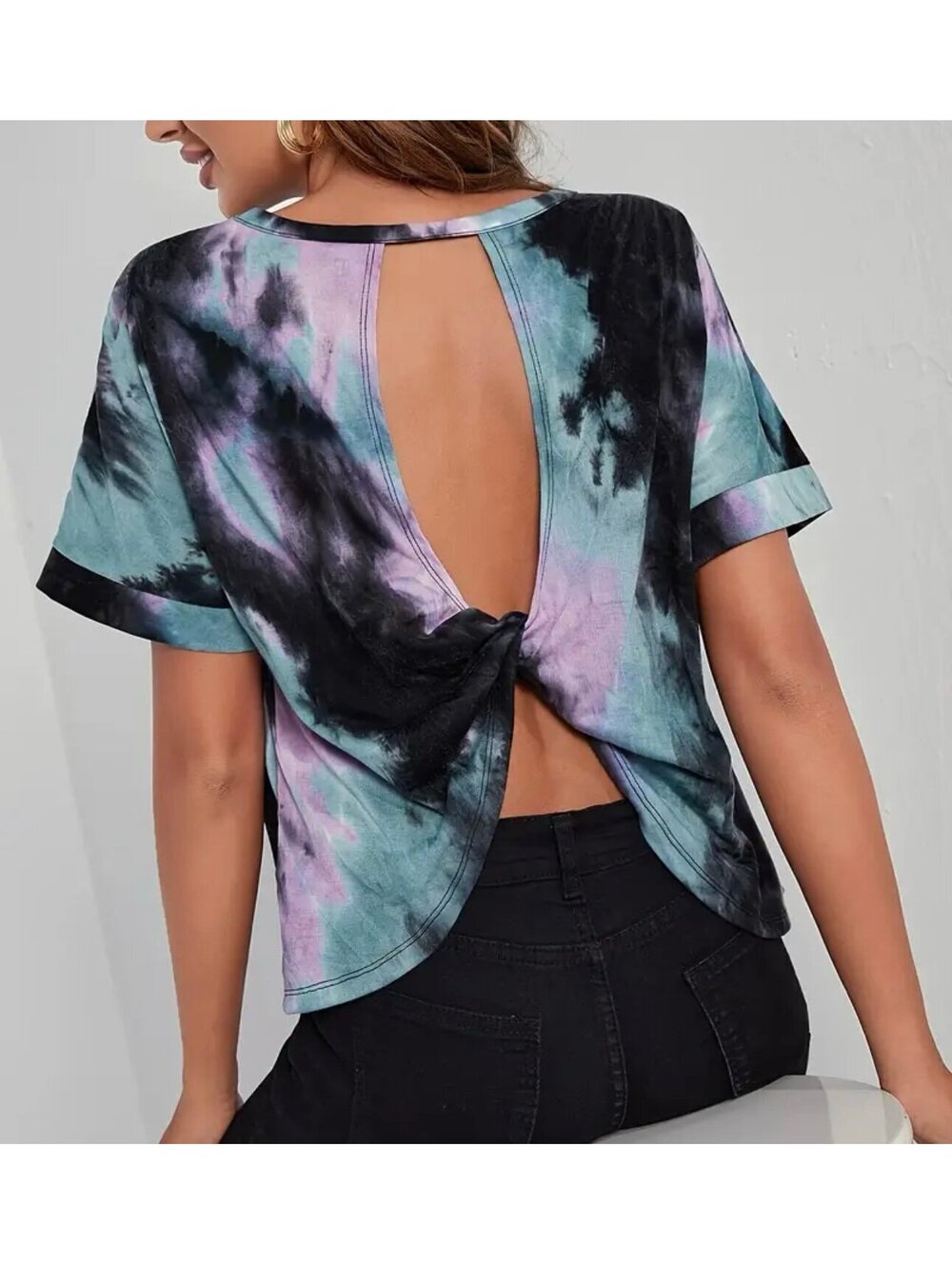 New - Exquisite - Tie Dye Twist Back Short Sleeve Top - Size M
